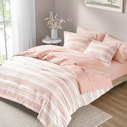 Codi Teen Girl Bedding Full Size, Pink Striped Bed in a Bag Reversible All Season Bed Set, 7 Piece Comforter Set with 2 Pillow Shams, Flat Sheet, Fitted Sheet and 2 Pillowcases
