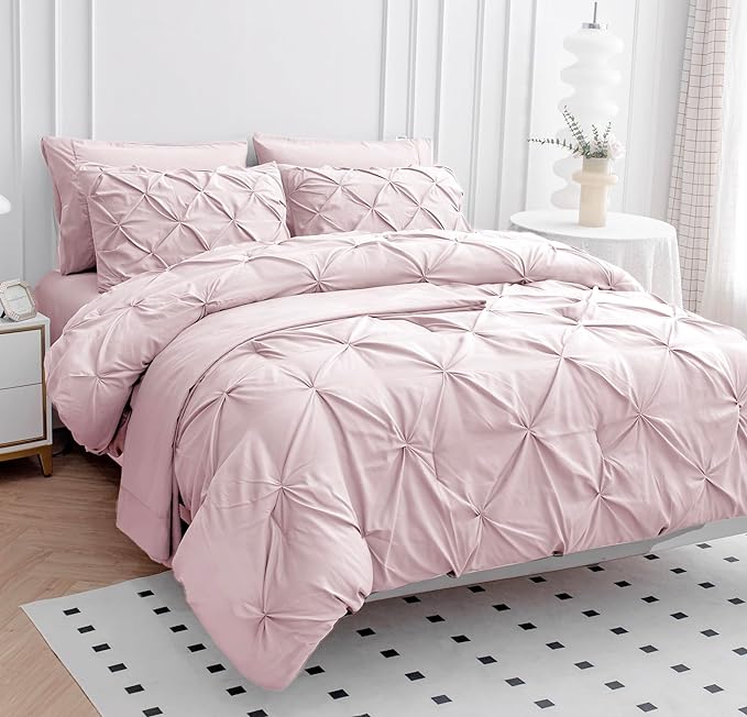 Lane Linen California King Comforter Set, 7 Piece Cal King Bed in a Bag, Pintuck Cal King Bedding Set, Soft Cali King Bed Set, Cal King Bed Comforter Sets with Sheets, Pillowcases & Shams - Sepia Rose