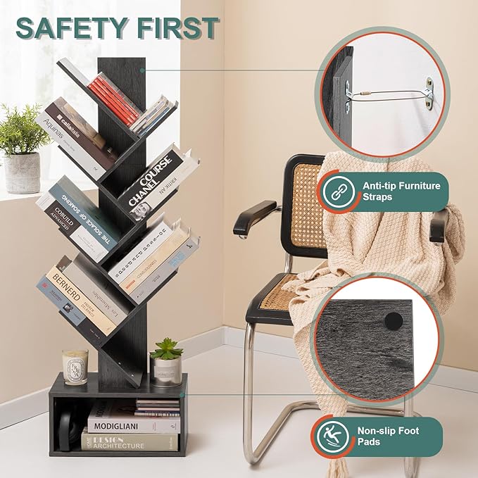 Yoobure Tree Bookshelf - 6 Shelf Retro Floor Standing Bookcase, Tall Wood Book Storage Rack for CDs/Movies/Books, Utility Book Organizer Shelves for Bedroom, Living Room, Home Office, Dark Grey