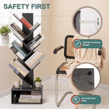 Yoobure Tree Bookshelf - 6 Shelf Retro Floor Standing Bookcase, Tall Wood Book Storage Rack for CDs/Movies/Books, Utility Book Organizer Shelves for Bedroom, Living Room, Home Office, Dark Grey