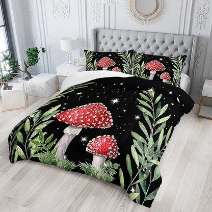 Galaxy Mushroom Comforter Set Queen Size Kids Mushroom Bedding Set Leaves Quilt Bed Set for Boys Girls Adults with 1 Comforter and 2 Pillowcases