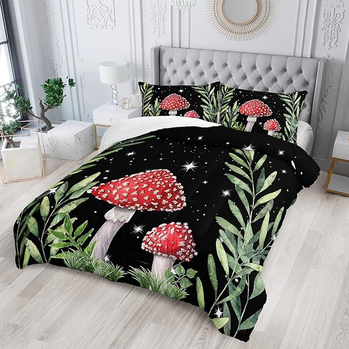 Galaxy Mushroom Comforter Set Twin Size Kids Mushroom Bedding Set Leaves Quilt Bed Set for Boys Girls Adults with 1 Comforter and 2 Pillowcases