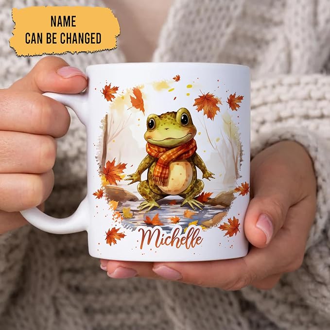 Hyturtle Personalized Fall Frog Maple Leaves Coffee Mug, Fall Autumn Décor | Birthday Gifts For Frog Lovers - Gifts For Farmhouse Thanksgiving - Custom Name 11oz White Ceramic Coffee Tea Mug