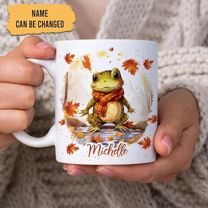 Hyturtle Personalized Fall Frog Maple Leaves Coffee Mug, Fall Autumn Décor | Birthday Gifts For Frog Lovers - Gifts For Farmhouse Thanksgiving - Custom Name 11oz White Ceramic Coffee Tea Mug