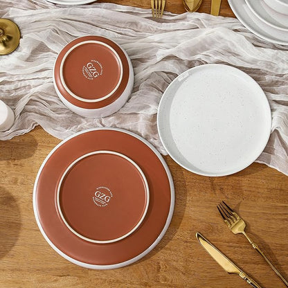 GZG Ceramic Dinner Plates Set of 4, 10.25 Inch Speckled Stoneware Plates with Clay-Tone Base, Large Ceramic Plates for Steak, Salad, Pizza, Microwave Oven Dishwasher Safe