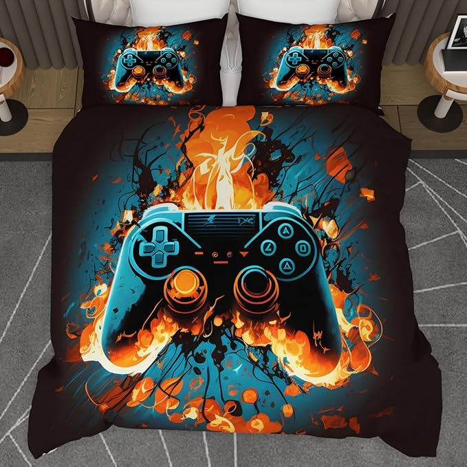 Video Game Queen Size Comforter Set for Boys Kids Teens Gamepad Gaming Controller and Fire Pattern Bedding Set- 3 Piece Quilt with 2 Pillowcases (90"x90")