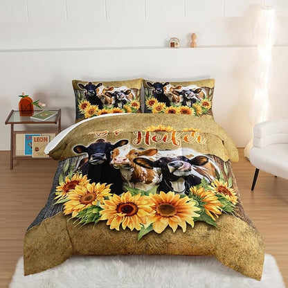 HOSIMA Farmhouse Animal Cow Comforter Western Bedding Sets,Sunflower Comforter for Girls Boys Teens,Cow Print Bedding Room Decor,Floral King Size Comforter Set with 2 Pillowcases.