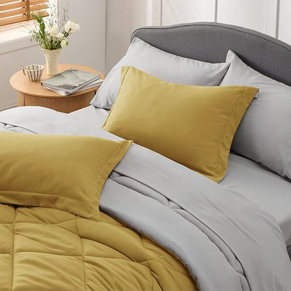 Bedsure Mustard Yellow California King Comforter Set - 7 Pieces Reversible Cal King Bed in a Bag, Cal King Mustard Yellow and Grey Bed Set with Comforters, Sheets, Pillowcases & Shams