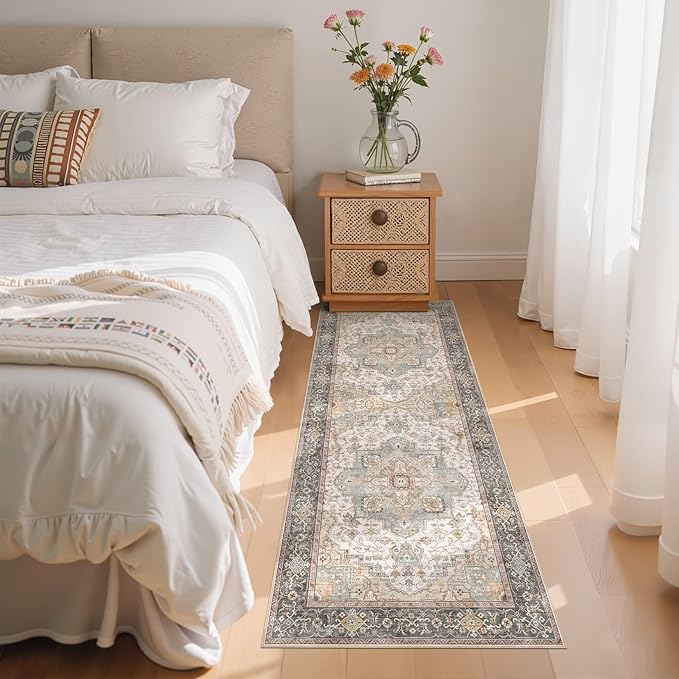 Washable 2x6 Runner Rug - Area Rugs Neutral Vintage Distressed Floral Farmhouse Boho Large Soft Floor Rug Indoor Carpet for Hallway Entryway Bedroom Kitchen - Forest Green Orange