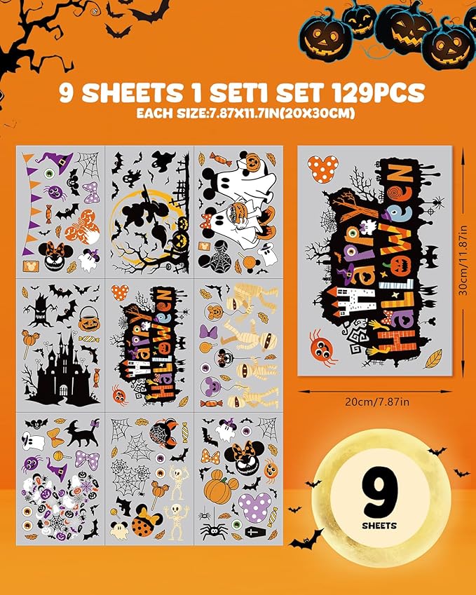 Halloween Window Clings - 9 Sheets 129 Pcs Cute Happy Halloween Window Decorations Indoor for Home Party Eyes Pumpkin Ghost Bats Stickers for Glass Double-Sided Removable Static Glass Decals