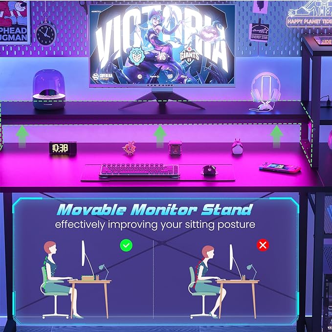 Gaming Desk with Lights & Power Outlets, 47.2'' Computer Desk with Storage Shelves, Small Desk for Small Space, Desk with Monitor Stand, Black