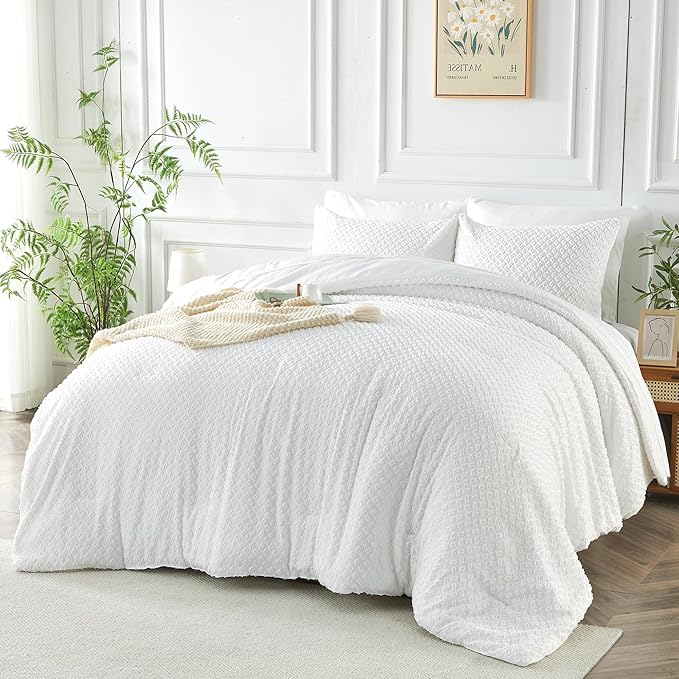 Queen Size Tufted Kids Comforter Set 7 Piece White Jacquard Tufts Embroidery Bedding Set for Boys Girls Bed in A Bag Quilt with 1 Comforter, 1 Flat Sheet, 1 Fitted Sheet, 2 Pillowcase, 2 Pillow Sham