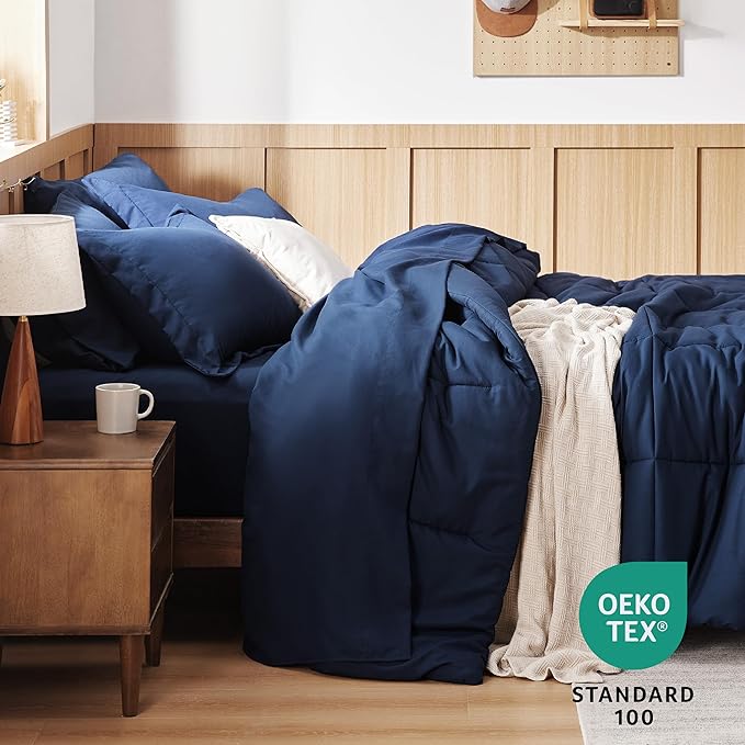 Bedsure Navy Twin Comforter Set - 5 Pieces Solid Twin Bed in a Bag, Twin Bed Set Navy with Quilted Warm Fluffy Comforters, Sheets, Pillowcase & Sham