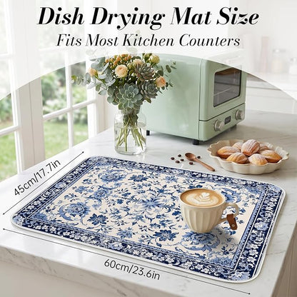 Chinoiserie Dish Drying Mat for Kitchen Coffee Bar 18x24 in Home Decor | Chinese Aesthetic Non Slip Absorbent Kitchen Dishes Drainer Mat, with Anti-slip Rubber Backing & Hanging Loop, for Sink