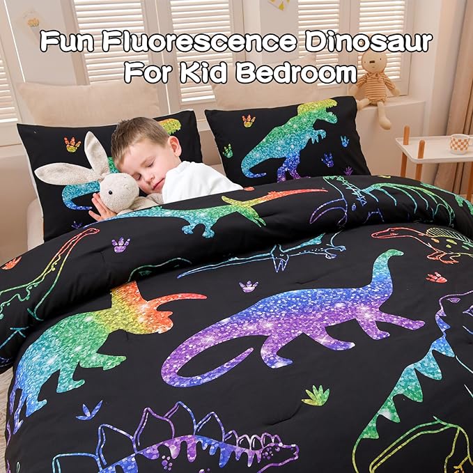 Meeting Story Dinosaur Comforter Set,Gradation Fluorescence Dinosaur Full Comforter Set, 3 PCS 1 Comforter and 2 Pillowcases in One Bag, All Season Bedspread for Kids Teens Adults（Full）
