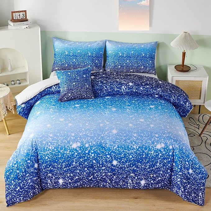 RYNGHIPY 6Pcs Gradient Aqua Blue Navy Ombre Comforter Sets with Sheets Pillowcases, Queen Size Sparkle Glitter Design Comforter Bedding Collections for Kids Boys and Girls