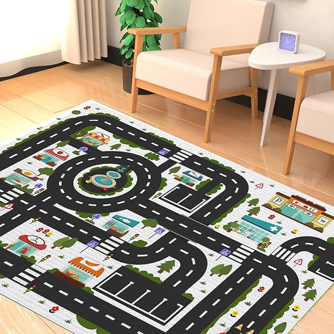 Analog ABC Kids Rug Playroom Car Rug Play Mat City Life Road Rug for Cars Fun City Map for Carpet for Bedroom Boys (55 * 82 inches, Clean City)