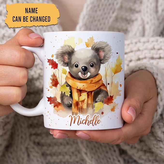 Hyturtle Personalized Fall Koala Coffee Mug Gifts on Birthday, Autumn Décor | Gifts For Koala Lovers - Fall Decoration Gift For Farmhouse Thanksgiving - Custom Name 11oz White Ceramic Coffee Tea Mug