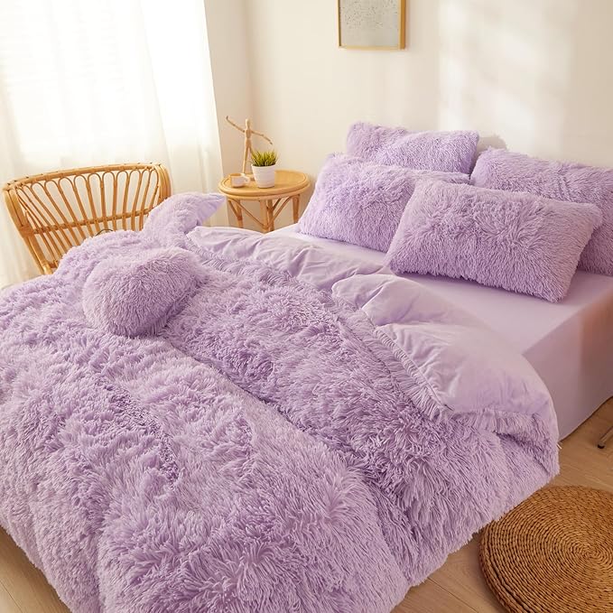 Fluffy Lilac comforters Cover twin size - Ultra Soft Plush Lilac bedding Sets 2 Pieces (1 faux fur comforter Cover + 1 fuzzy pillow case) girls shaggy Lilac twin bed set (Lilac, Twin)