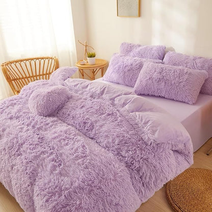 Fluffy Lilac comforters Cover twin size - Ultra Soft Plush Lilac bedding Sets 2 Pieces (1 faux fur comforter Cover + 1 fuzzy pillow case) girls shaggy Lilac twin bed set (Lilac, Twin)