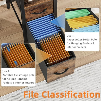 55'' Office Desk with 4 Fabric File Drawers - File Drawer Organization, Computer Work Desk, Study Writing Table, Home Office Workstation, Rustic Brown.