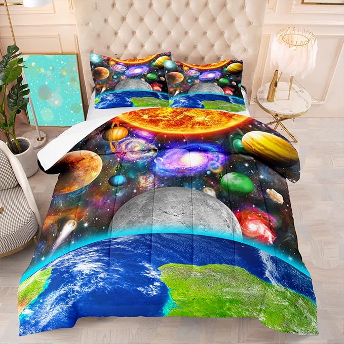 Space Comforter Set Full Solar System Bedding Full Comforter Sets Galaxy Outer Space Bedroom Decor for Boys Bed Set Full Size Earth Planet Quilt Set with 1 Comforter 2 Pillowcases