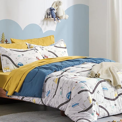 SLEEP ZONE Kids Bedding Twin Comforter Set - Cute Printed for Boys, Girls, Teens, Super Soft, Fade Resistant, Car Road, Twin