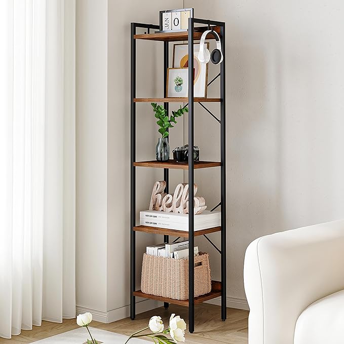 Bookshelf, Book Shelf, Industrial Bookcase with 2 Hooks, Coner Shelf Storage Organizer for Home Office, Living Room, Bedroom, Kitchen, 5-Tier Rustic Brown BC10501B