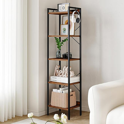 Bookshelf, Book Shelf, Industrial Bookcase with 2 Hooks, Coner Shelf Storage Organizer for Home Office, Living Room, Bedroom, Kitchen, 5-Tier Rustic Brown BC10501B