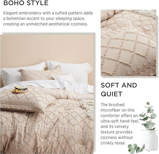Bedsure Queen Comforter Set - Warm Tan Boho Tufted Shabby Chic Bedding Comforter Set, 3 Pieces Vintage Farmhouse Bed Set for All Seasons, Fluffy Soft Bedding Set with 2 Pillow Shams