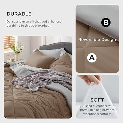 Bedsure Brown Queen Comforter Set - 7 Pieces Reversible Queen Bed in a Bag, Queen Bed Set Brown and Grey with Comforters, Sheets, Pillowcases & Shams