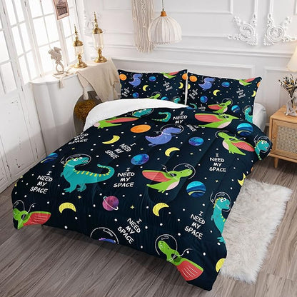 Datura home Dinosaur Space Dinos Comforter Bedding Set for Boys Kids Children,Celestial Bodies Colorful Dinosaur Print Bedding Set with 1 Comforter and 2 Pillowcases(Dinosaur Twin)