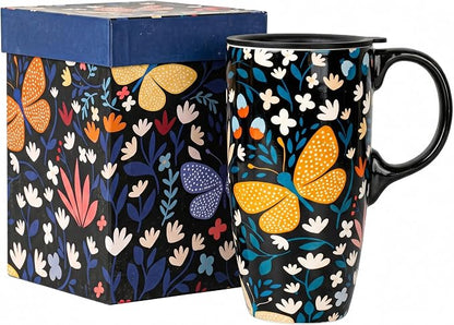 Topadorn 17oz Ceramic Travel Mug, Butterfly Coffee Mug with Gift Box | Large Floral Coffee Cup, Microwave & Dishwasher Safe Ceramic Travel Cup, Butterfly