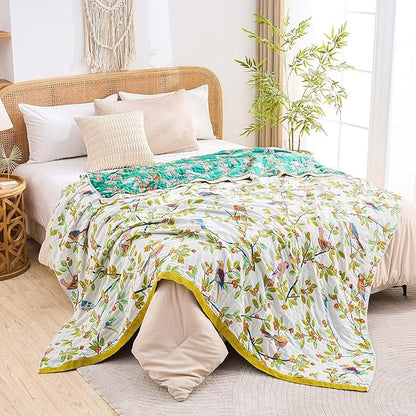 Boho Throw Blanket for Bed, 100% Cotton Soft Rustic Quilt Fall Blanket, 80"x90" Floral Printed Farmhouse Decor Bed Blankets, All Season Rustic Reversible Bohemian Throw Quilt