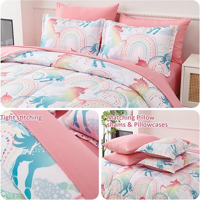 Queen Comforter Set for Girls, 7 Pieces Bed in a Bag, Colorful Unicorn Bedding Comforter Sheet Set, Ultra Soft and Fluffly, Pink & Rainbow Color, Colorful Bed in a Bag for Girls