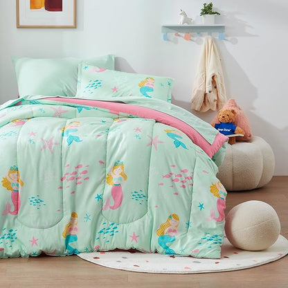 SLEEP ZONE 3 Pieces Comforter Set, Breathable & Super Soft All Season Kids Comforter Set, Cartoon Design for Children, Girls, Easy Care, Washable (Mermaid Princess, Full/Queen)