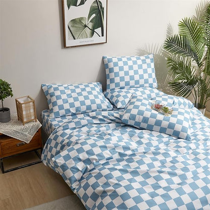 Wellboo Blue White Plaid Comforter Sets Full Women Men Light Blue and White Checkerboard Grid Bedding Comforters Cotton Boys Girls Modern Dusty Blue Checkered Geometric Quilts Luxury Sky Blue Bed