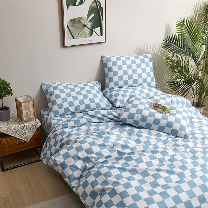Wellboo Blue White Plaid Comforter Sets King Women Men Light Blue and White Checkerboard Grid Bedding Comforters Cotton Boys Girls Modern Dusty Blue Checkered Geometric Quilts Luxury Sky Blue Bed