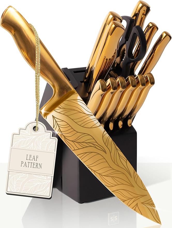 Styled Settings Gold Knives with Etched Leaves Pattern and Sharpener Block | 14-Piece Gold Titanium-Coated Blades with Beautiful Pattern, Ultra-Sharp Stainless Steel, & Stylish Kitchen Knife Block Set