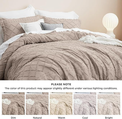 Bedsure Full Size Comforter Set - Taupe Comforter, Boho Tufted Shabby Chic Bedding Comforter Set, 3 Pieces Vintage Farmhouse Bed Set for All Seasons, Fluffy Soft Bedding Set with 2 Pillow Shams