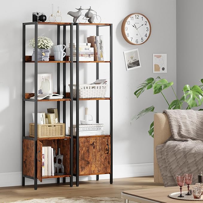 Furologee 5-Tier Bookshelf, Narrow Shelf with Storage Cabinet for Bedroom, Metal and Wood Shelf, Industrial Freestanding Display Tall Shelf for Living Room, Home Office, Bathroom, Rustic Brown