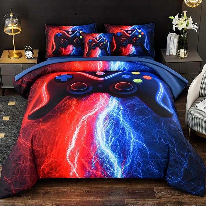 DORCAS Gamer Comforter Sets with Sheets for Boys,Twin Size Gamer Bedding Sets Boys,6 Pieces Lightning Gaming Comforter Set for Boys Kids Teens (Red&Blue, Twin)