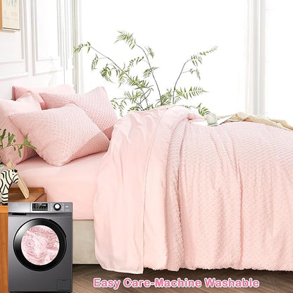 Twin Size Tufted Kids Comforter Set 6 Piece Pink Jacquard Tufts Embroidery Bedding Set for Girls Bed in A Bag Quilt with 1 Comforter, 1 Flat Sheet, 1 Fitted Sheet, 1 Pillowcase and 2 Pillow Sham