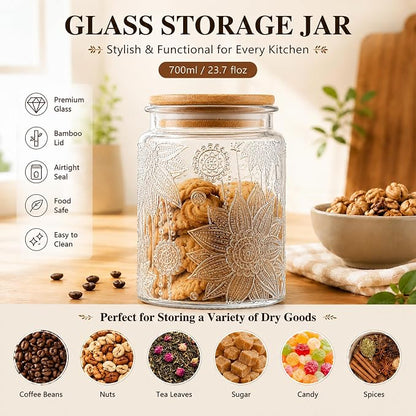 Vintage Glass Jars With Lids, 23.7oz Airtight Food Storage Containers,Kitchen Canisters For Sugar, Coffee, Tea, Spice, Flour, Candy Cookie, Pasta, Cereal, Cute Decorative Jars(Sunflower*1)