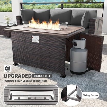 Kullavik 15PCS Outdoor Patio Furniture Set with 43" 55000BTU Gas Propane Fire Pit Table PE Wicker Rattan Sectional Sofa Patio Conversation Sets w/8 Coner Sofas,Grey