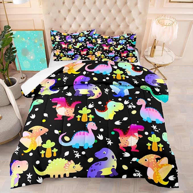 Cartoon Dinosaur Comforter Set for Boys Colorful Gradient Dinos Bedding Sets Queen Size Cute Dinosaurs Prints Comforter Set Soft Microfiber 3Pcs Bed Sets with 2 Pillowcases