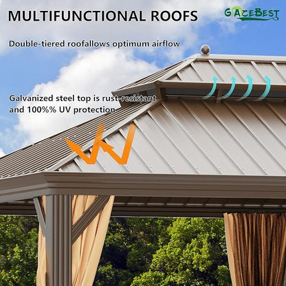 12'x24' Hardtop Gazebo Outdoor Aluminum Patio Gazebo Double Roof Galvanized Steel Canopy with Netting and Curtains for Garden, Backyard,Deck and Lawns