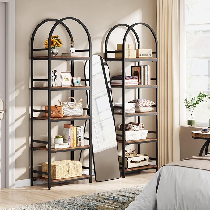 Tribesigns 5-Tier Open Bookshelf, 74.4" Wood Bookcase Storage Shelves with Metal Frame, Freestanding Display Rack Tall Shelving Unit for Office, Bedroom, Living Room, Easy Assembly(Brown, 2PCS)