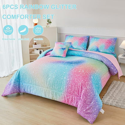 PERFEMET Rainbow Queen Girls Bedding Set, 6 Pieces Glitter Pink Green Comforter for Queen Size Bed, Colorful Tie Dye Ombre Teen Girls Bed in A Bag Comforter Set with Sheets