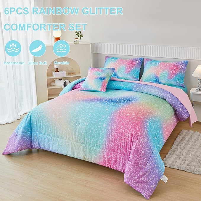 PERFEMET Full Size Comforter Sets for Kids Girls 6 Pieces Pink Green Ombre Rainbow Bedding Set Colorful Tie Dye Glitter Teen Girls Bed in A Bag